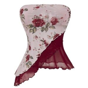 Strapless Floral Asymmetric Boho Peplum Top in Blush and Wine